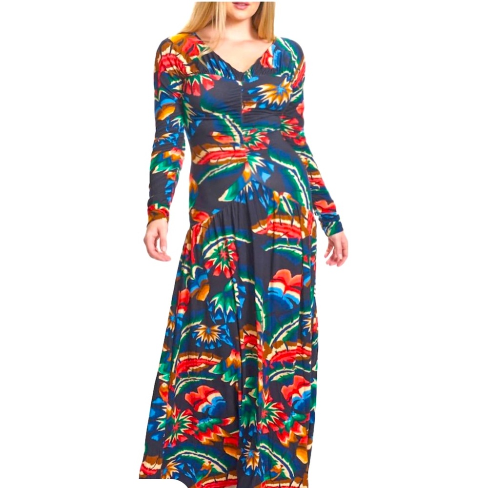 FARM RIO ANTHROPOLOGIE MAXI Forest Black Chevron Dress-gathered middle - Large